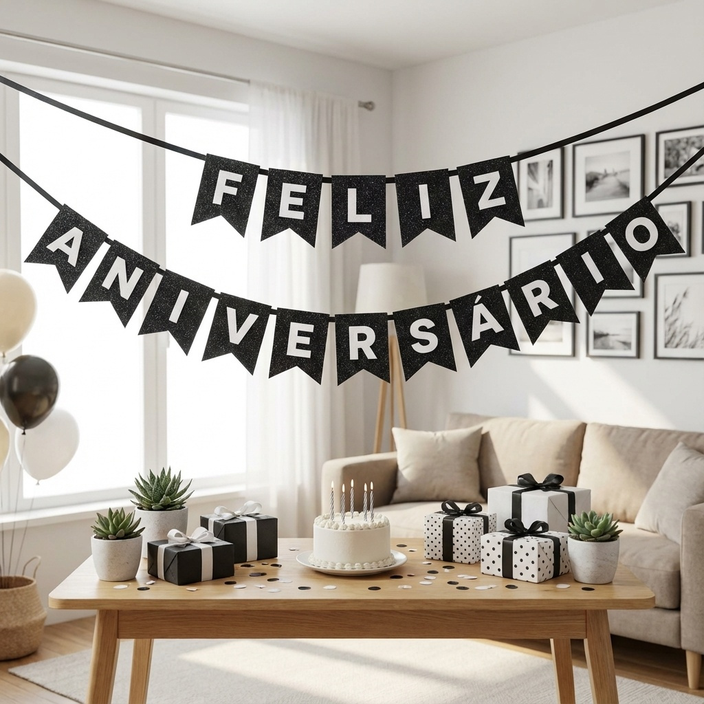 Bandeirola Feliz Aniversário Luxo com Glitter e F