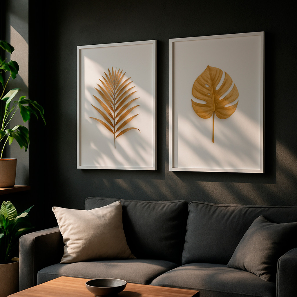 Kit 2 Quadros Folhas Douradas Decorativas Fundo Br