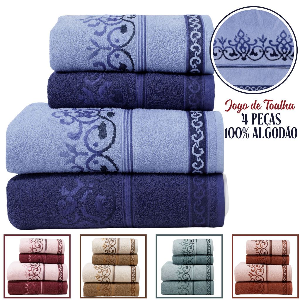 Jogo De Toalha 4 Pçs Banho Rosto 100% Algodão Ma