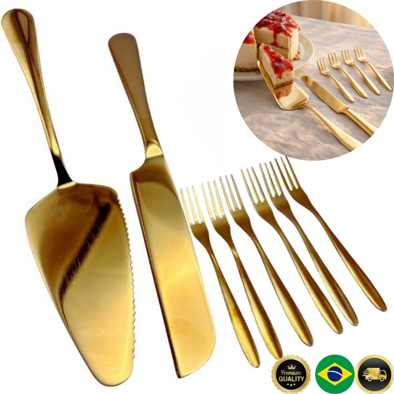 Jogo Talheres Dourados Para Bolo e Sobremesa  8 Pe