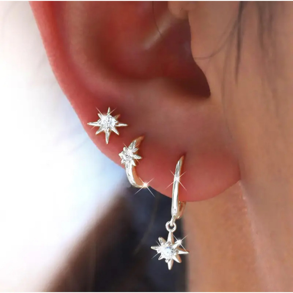 KIT 3 PARES Prata 925 de Brincos lua e estrela 8 p