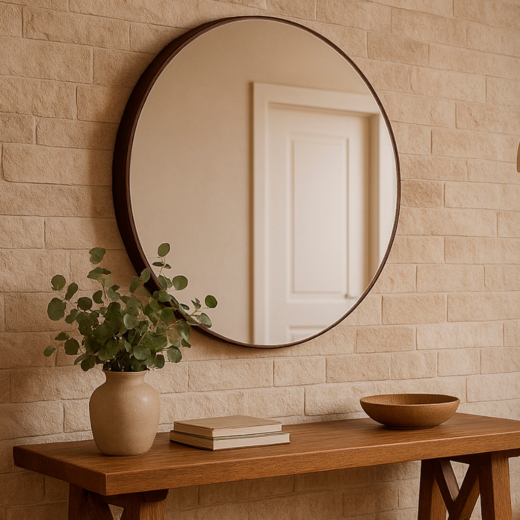Espelho Adnet Redondo Couro Costurado Suporte Fixa