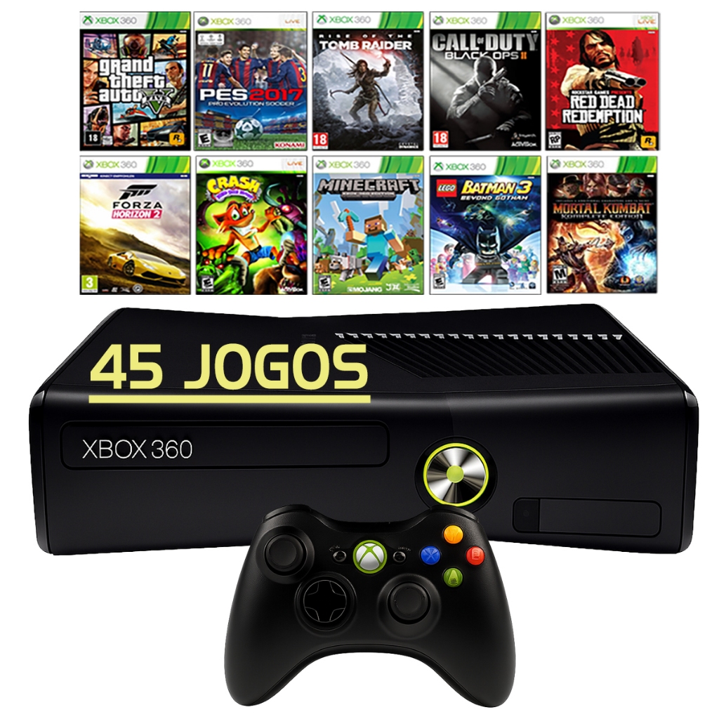 Microsoft Xbox 360 Slim Preto + 45 Jogos + 1 Contr