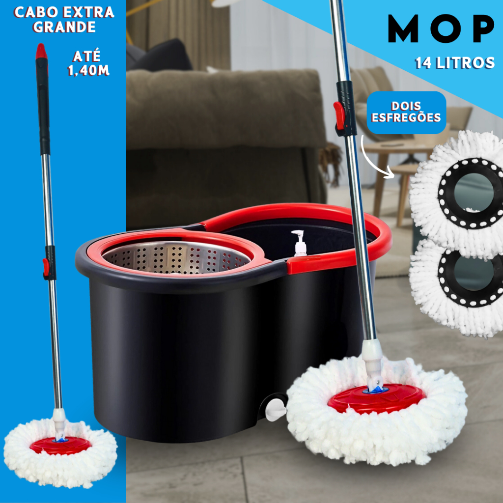Mop Giratorio Com cabo de 140 cm Cesto Em Inox 