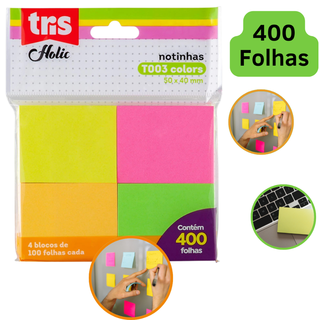 Kit Bloco de Notas Colorido 400 Folhas Adesivo Ano