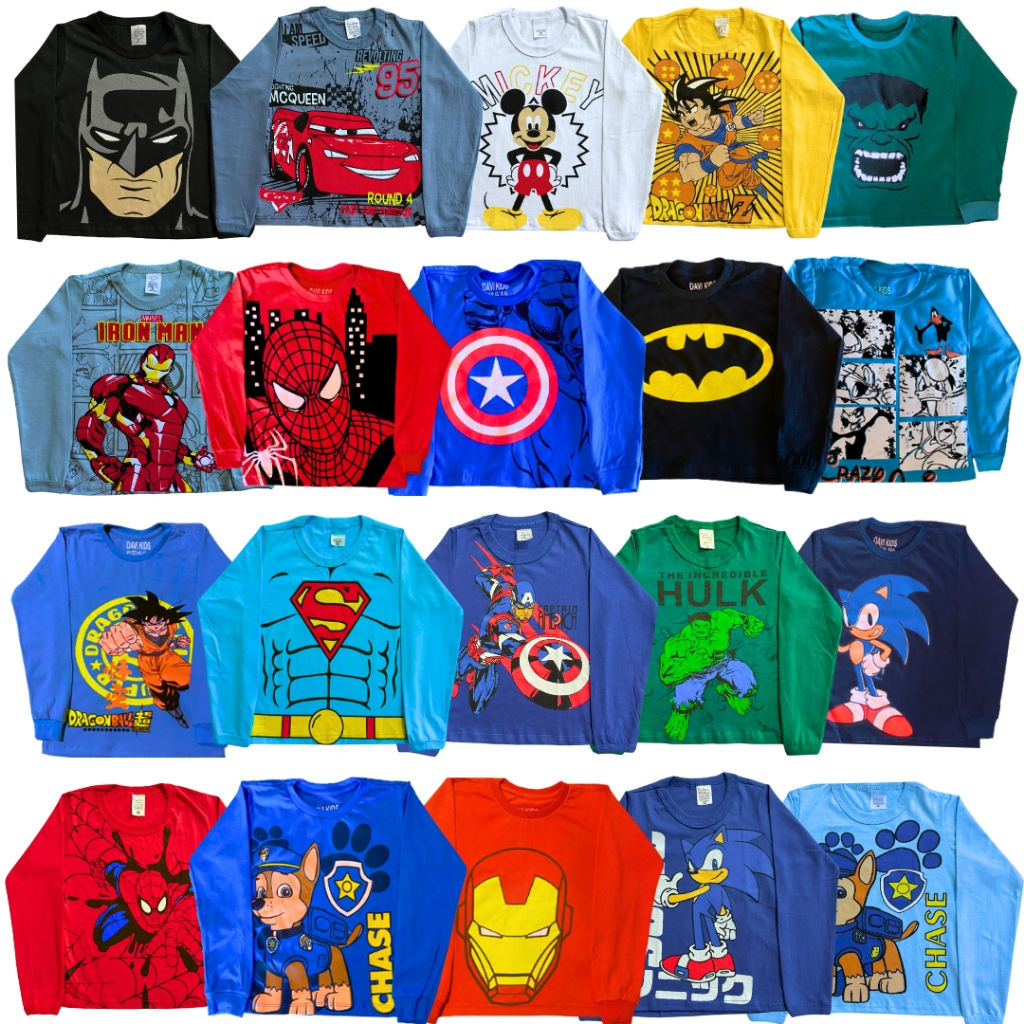 Kit 5 Camisetas Infantil Menino Manga Longa Estamp