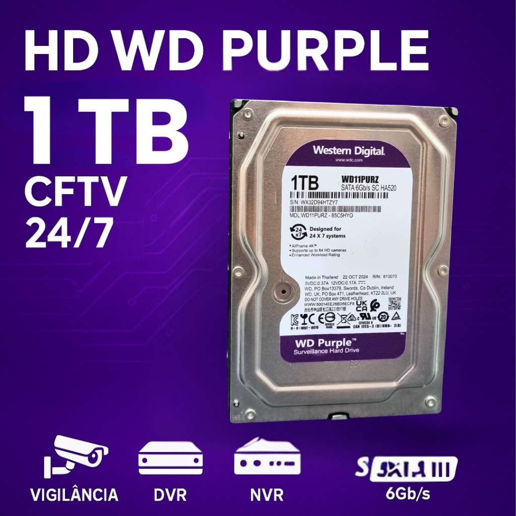 HD WD Purple 1TB / 500gb SATA 3.5 Para DVR Intelbr