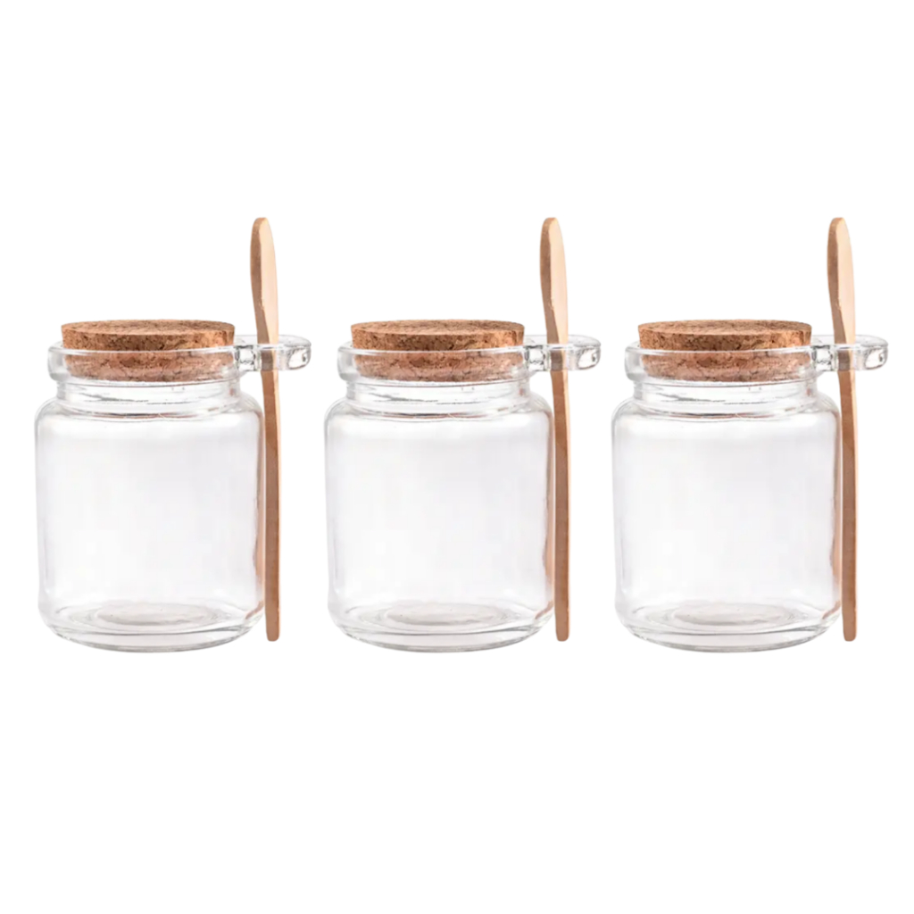 Kit 3 Pote Vidro Colher Bambu Tampa Rolha Saleiro 