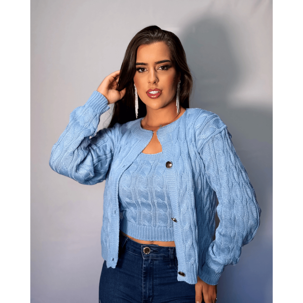 Conjunto Casaco Feminino de Tricô Cardigan de Fri