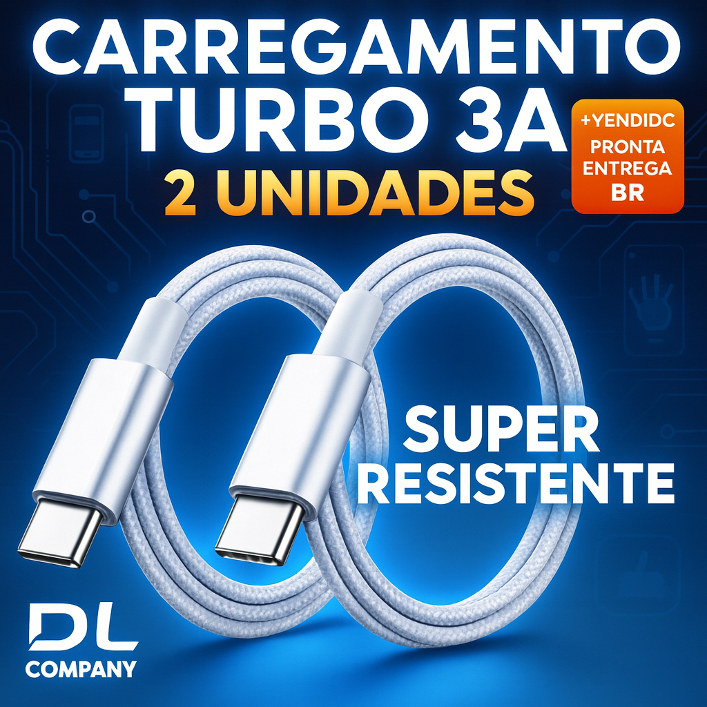 Kit 1 ou 2 Cabos Ponta Dupla USB-C Dupla Carga Tur