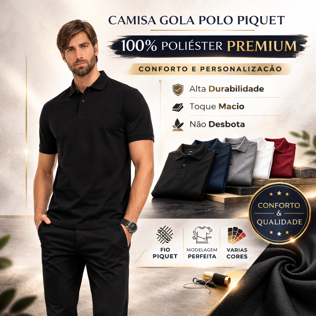 Camisa Gola Polo Piquet 100% Poliéster Premium &#