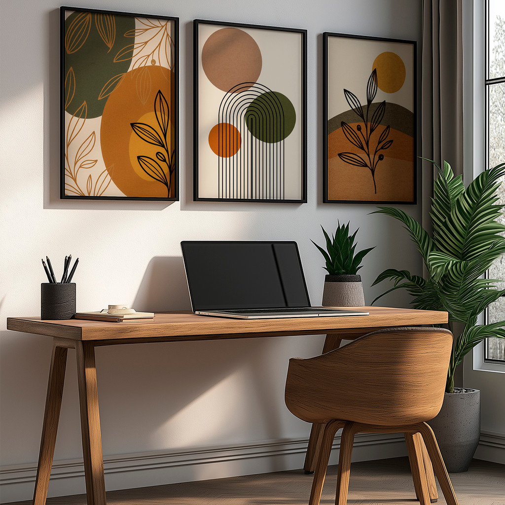 Kit 3 Quadros Decorativo Abstrato Terracota Folhag