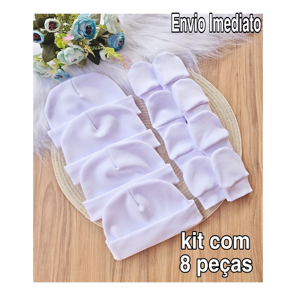Kit 4 Touca e 4 Luva Para Bebê Recém Nascido 100