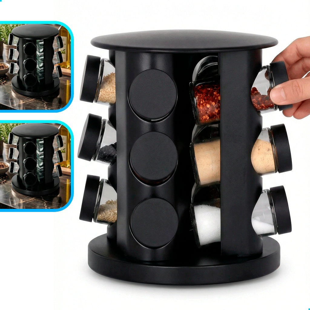 Porta Temperos Giratório 9 Potes Vidro com Tampa 
