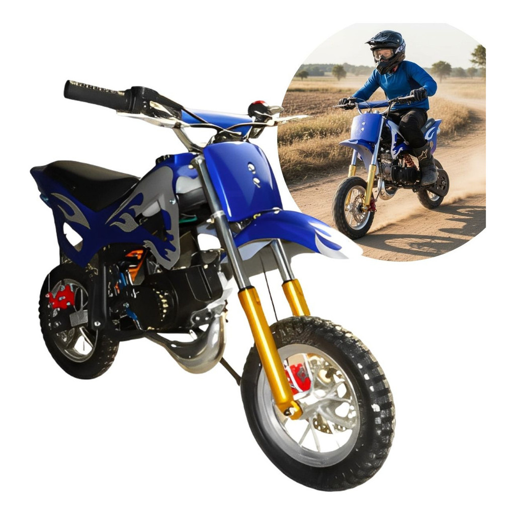 Mini Moto Azul Dirt 49cc Gasolina Com Partida Manu