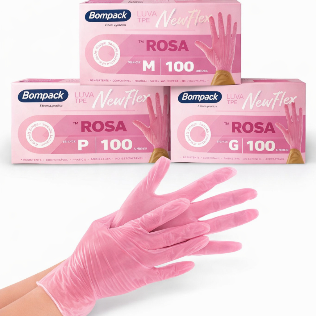 KIT 100 LUVAS VINILFLEX ROSA DESCARTÁVEIS SEM PÓ
