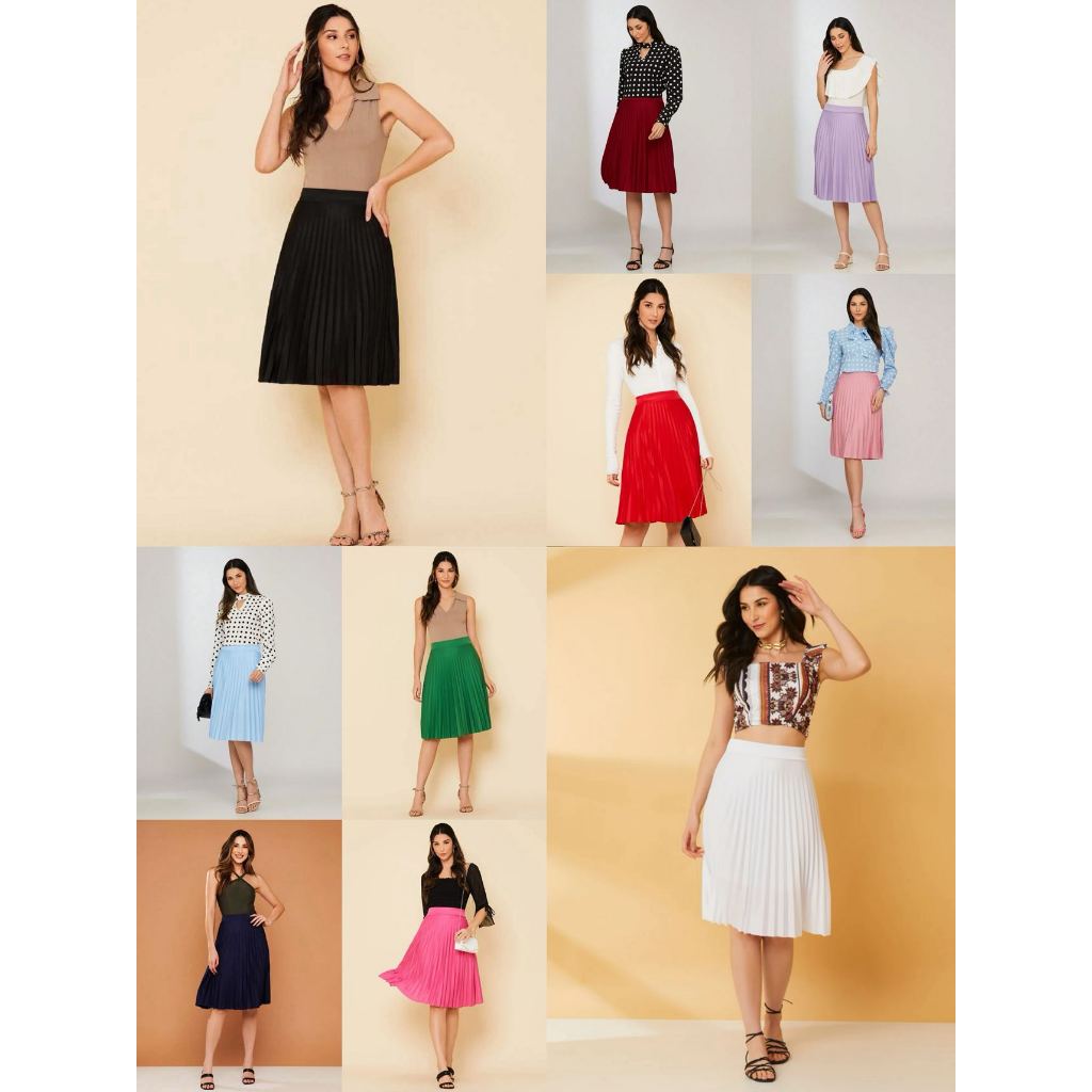 Saia Midi Plissada Lisa Com Forro Moda Evangelica