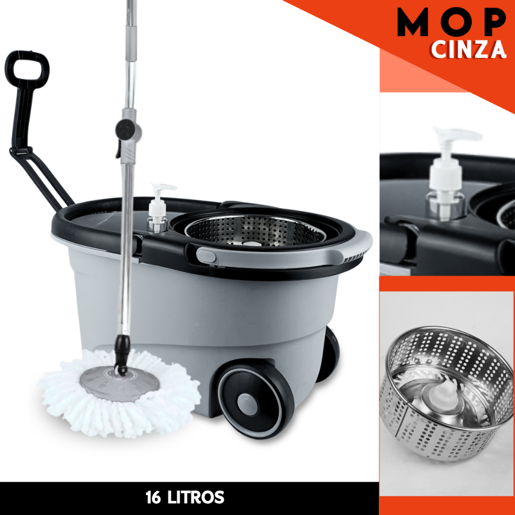 Mop Plus Completo com Rodinhas  Balde Inox + Refil