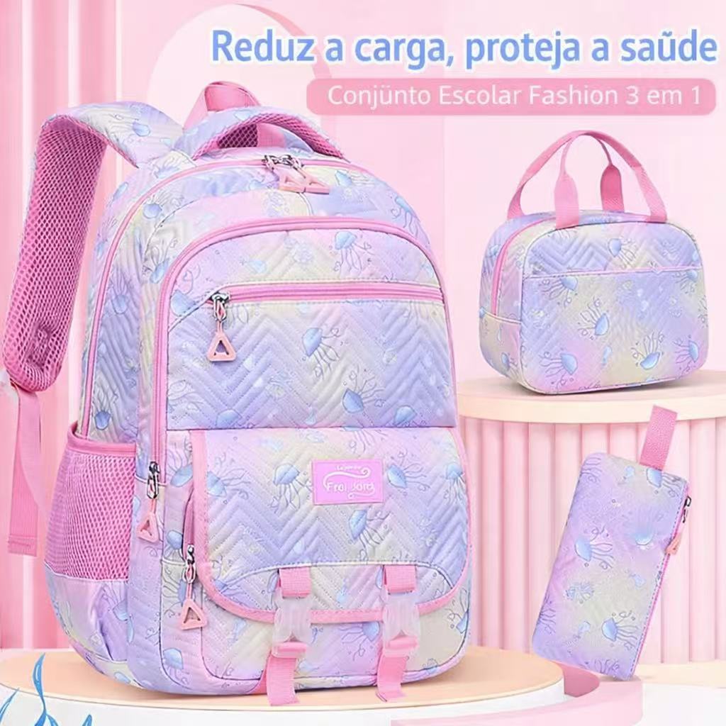 Nova Kit Escolar Mochila Infantil Menina Lancheira