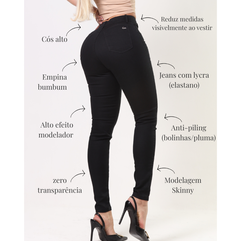 Calça Jeans Feminina Preta Modela e Levanta bumbu