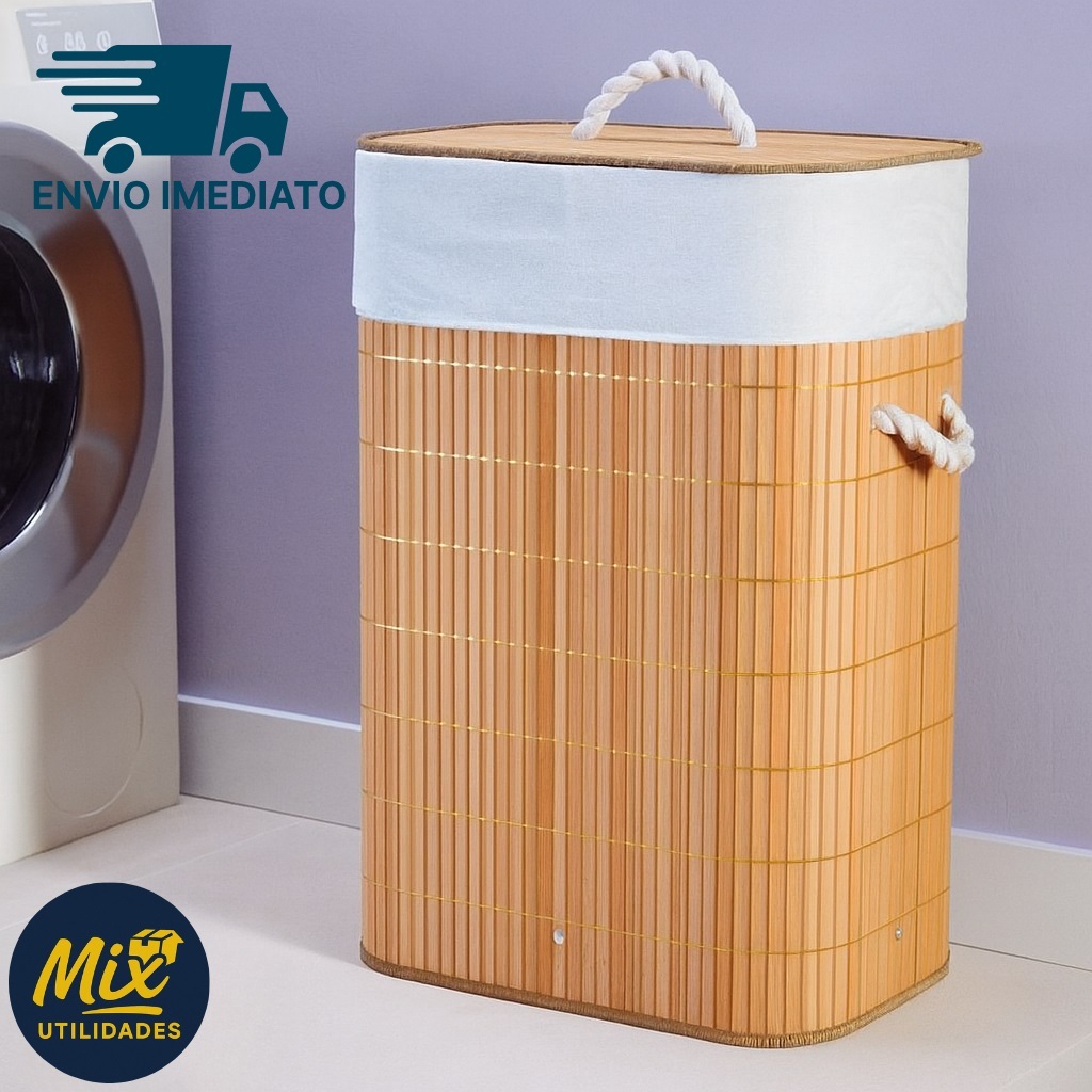 Cesto De Roupa Suja Bambu 72 Litros Lavanderia Com