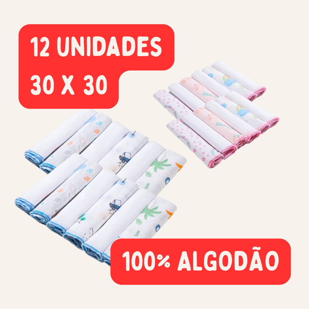 Pano de Boca 100%algodao 12 unidades 30x30cm Papi 