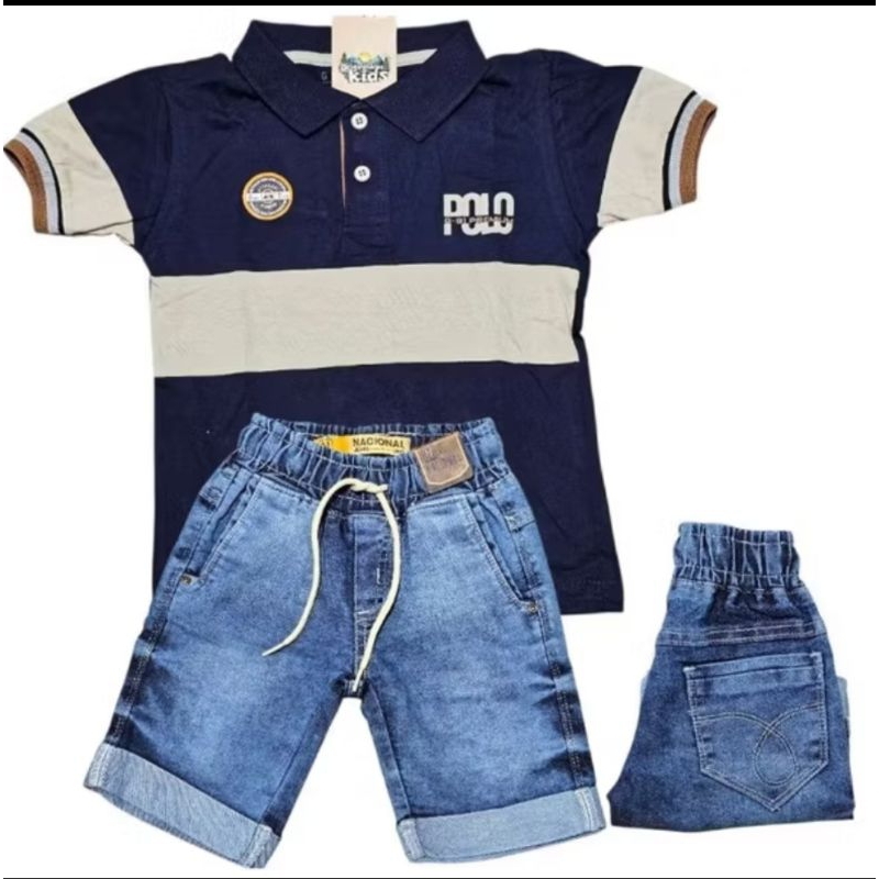 kit bermuda jeans e camisa polo infantil bebê con