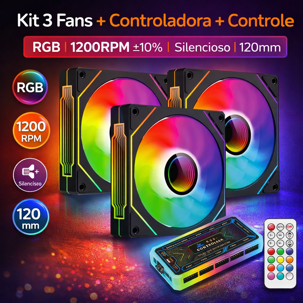 Kit 3-7 Fan Ventoinhas Controladora RGB Gamer 120m