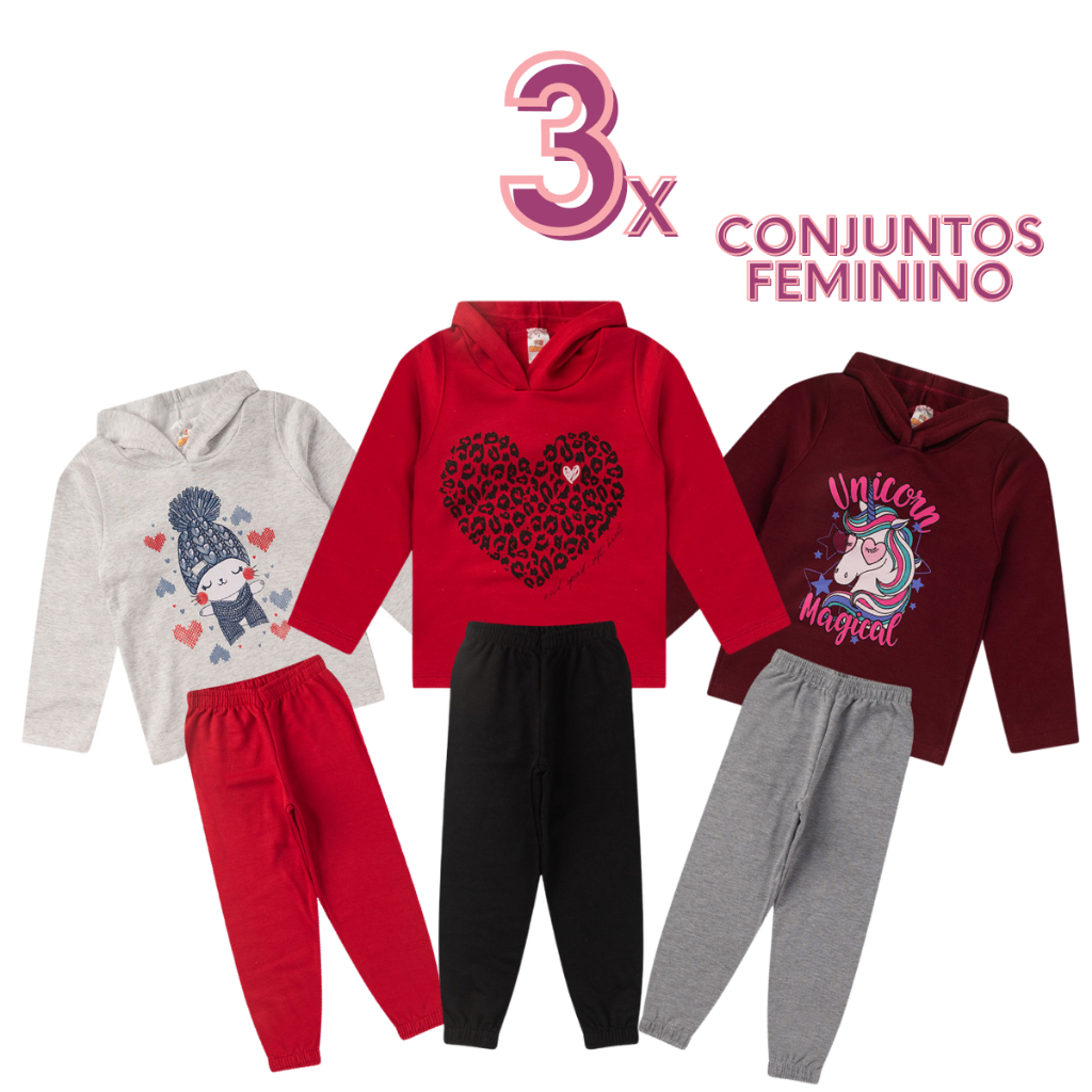 Kit 3 Conjunto moleton infantil feminina de invern
