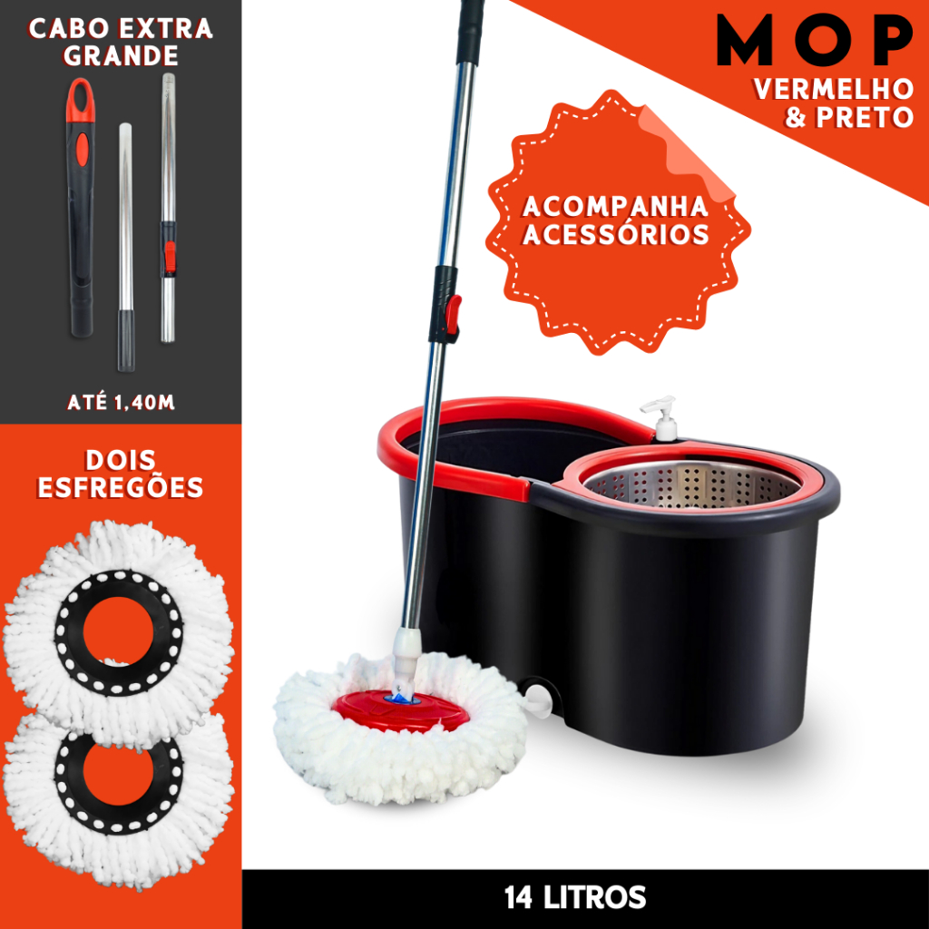 Mop 14 Litros Cabo De 140Cm C/2 Refil Cesto Em Ino