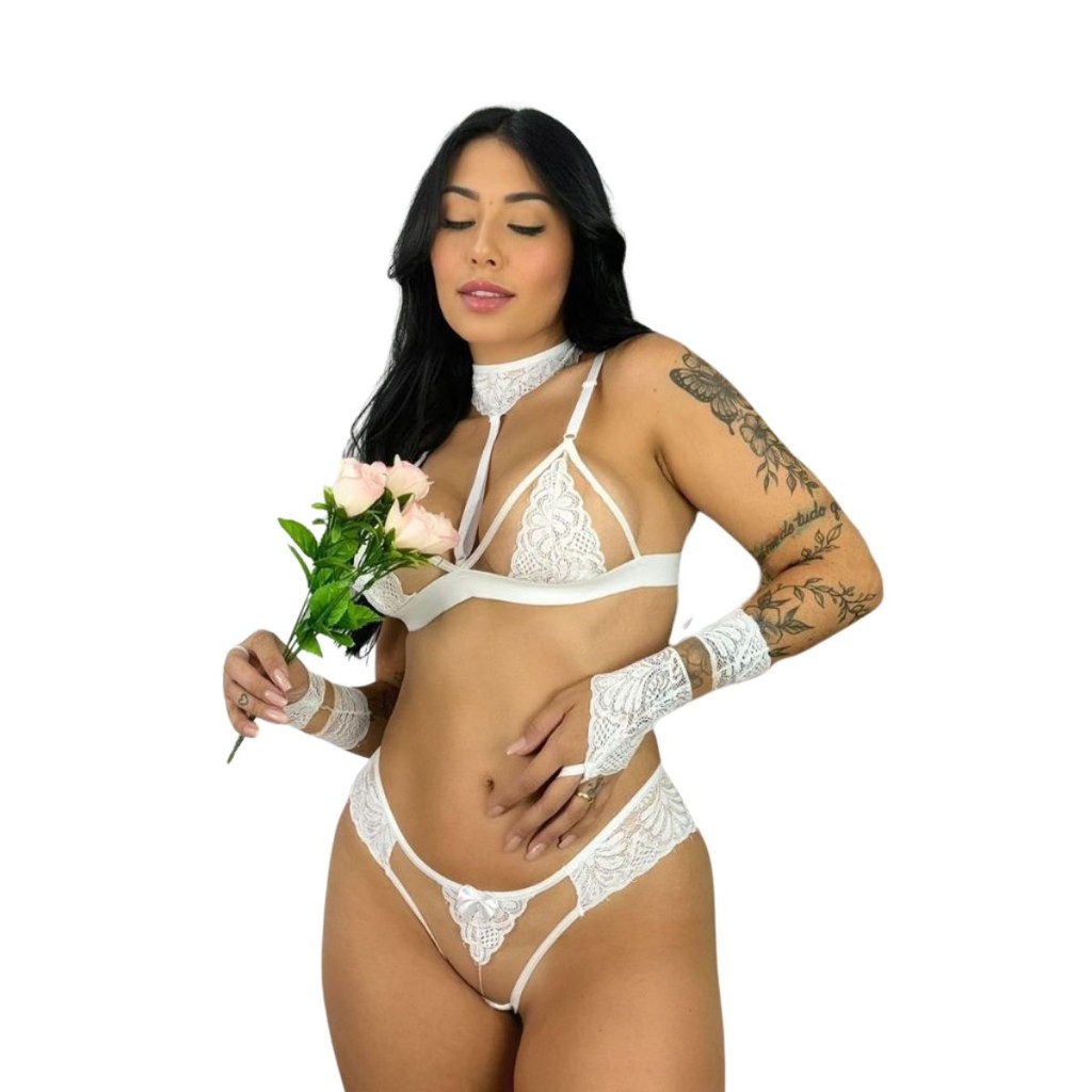 Conjunto Lingerie Sexy com Coleira Renda e Tule Fa