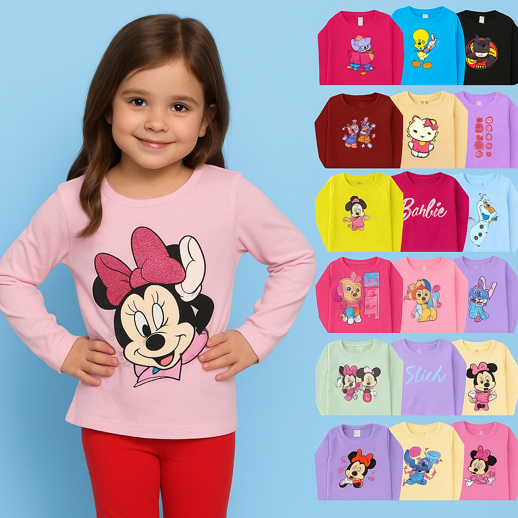 Kit 5 Camisetas Manga Longa Infantil Menina Femini