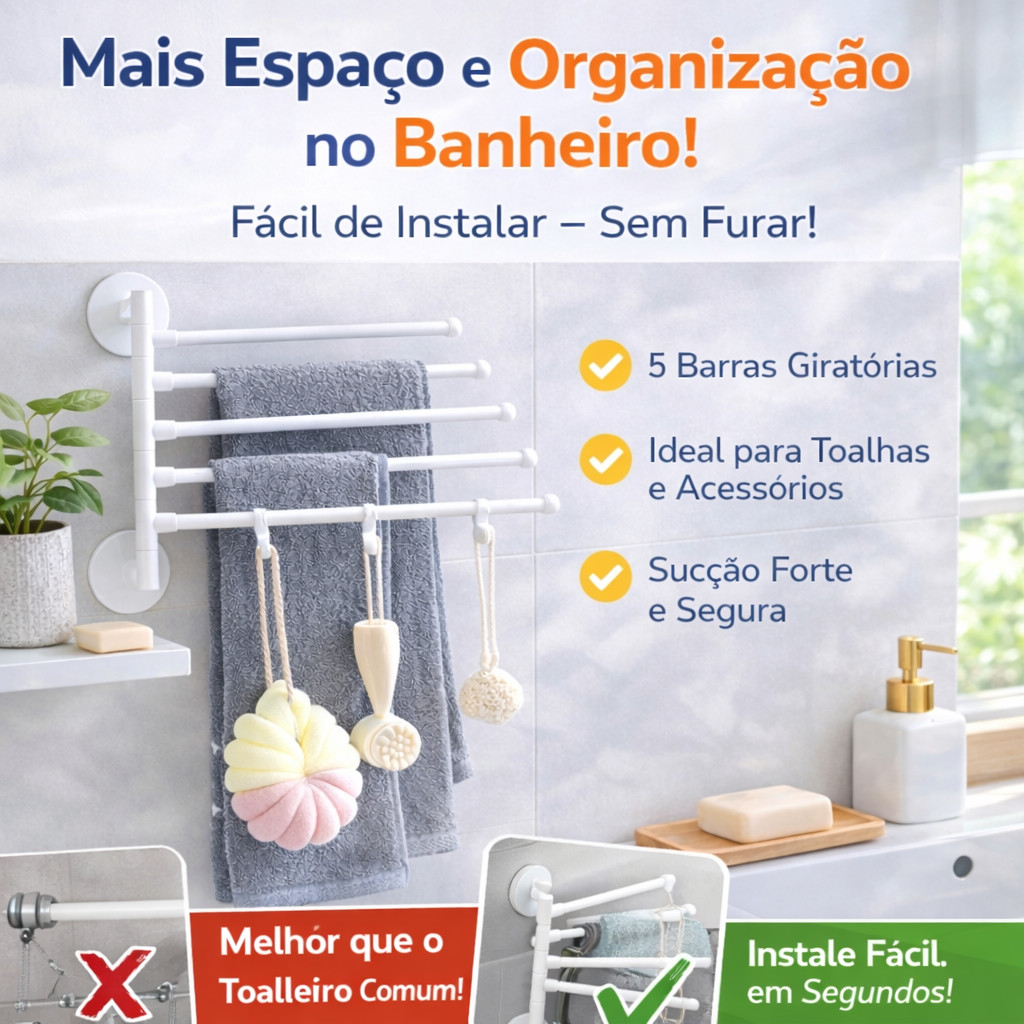 Toalheiro de Banheiro Sem Furo com 5 Barras Girat�