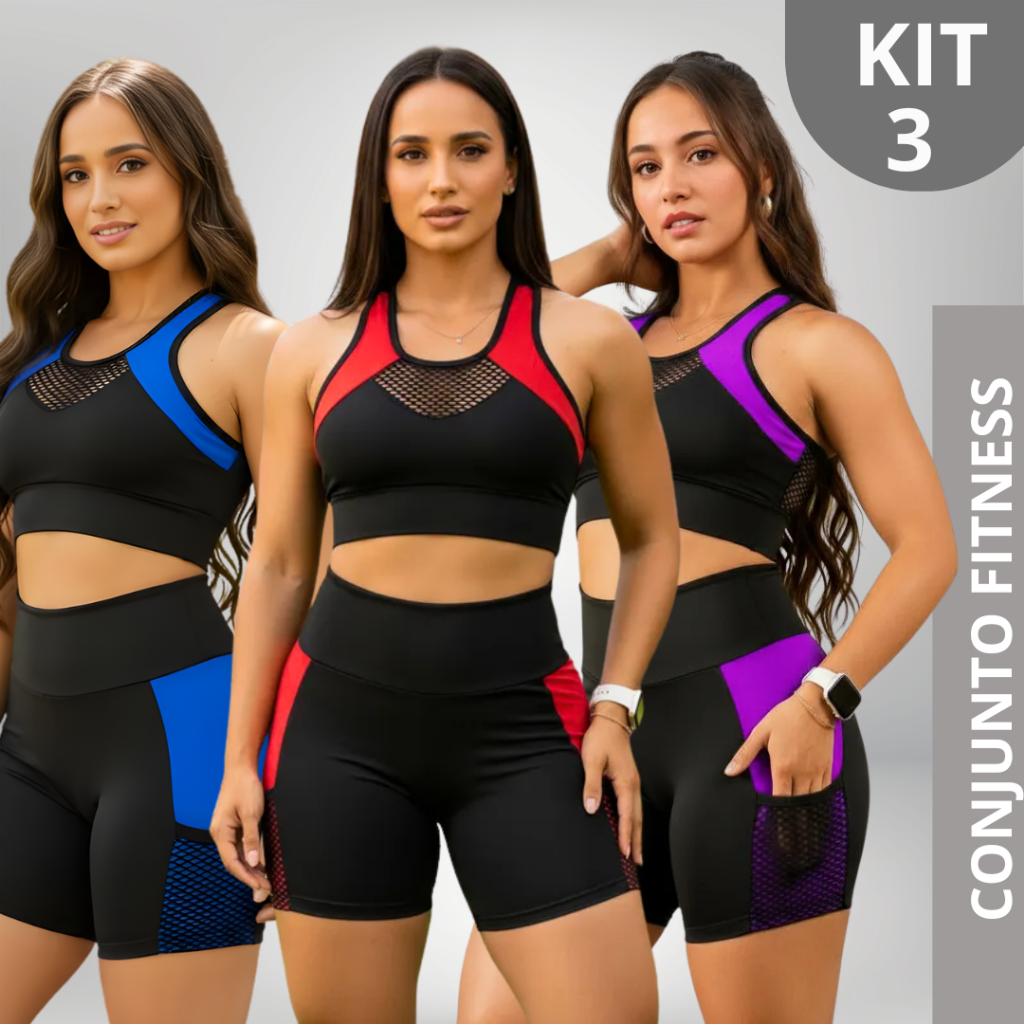 KIT 3 Conjunto Fitness Feminino Top + Short Cós A