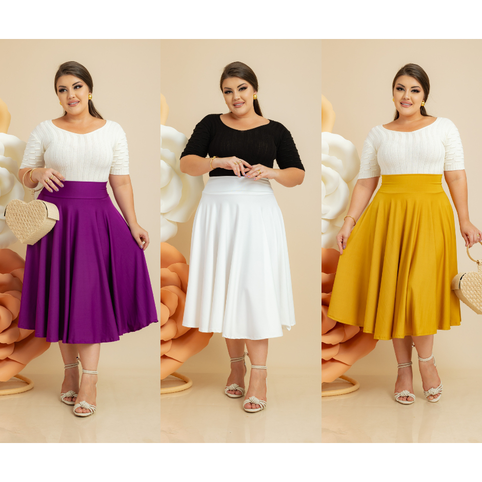 Saia Midi Godê 360. Várias Cores Lisa Moda Femin