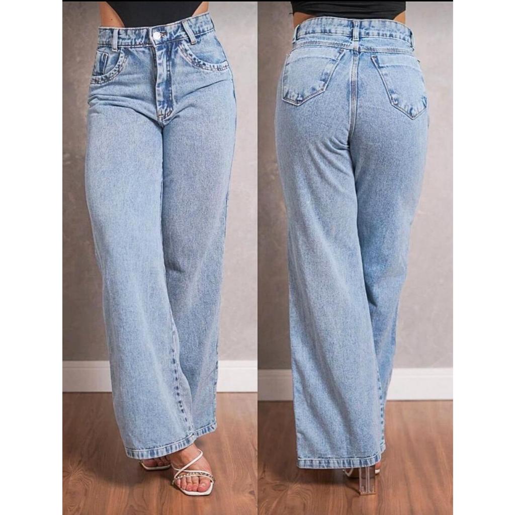 Calça Jeans Feminina Wide Leg Marmorizada Pantalo