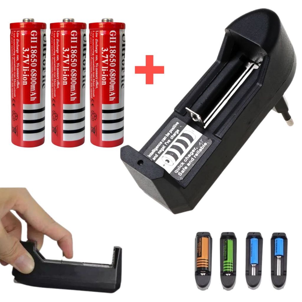Kit Carregador + 3 Pilhas/Baterias 18650 3.7V Reca