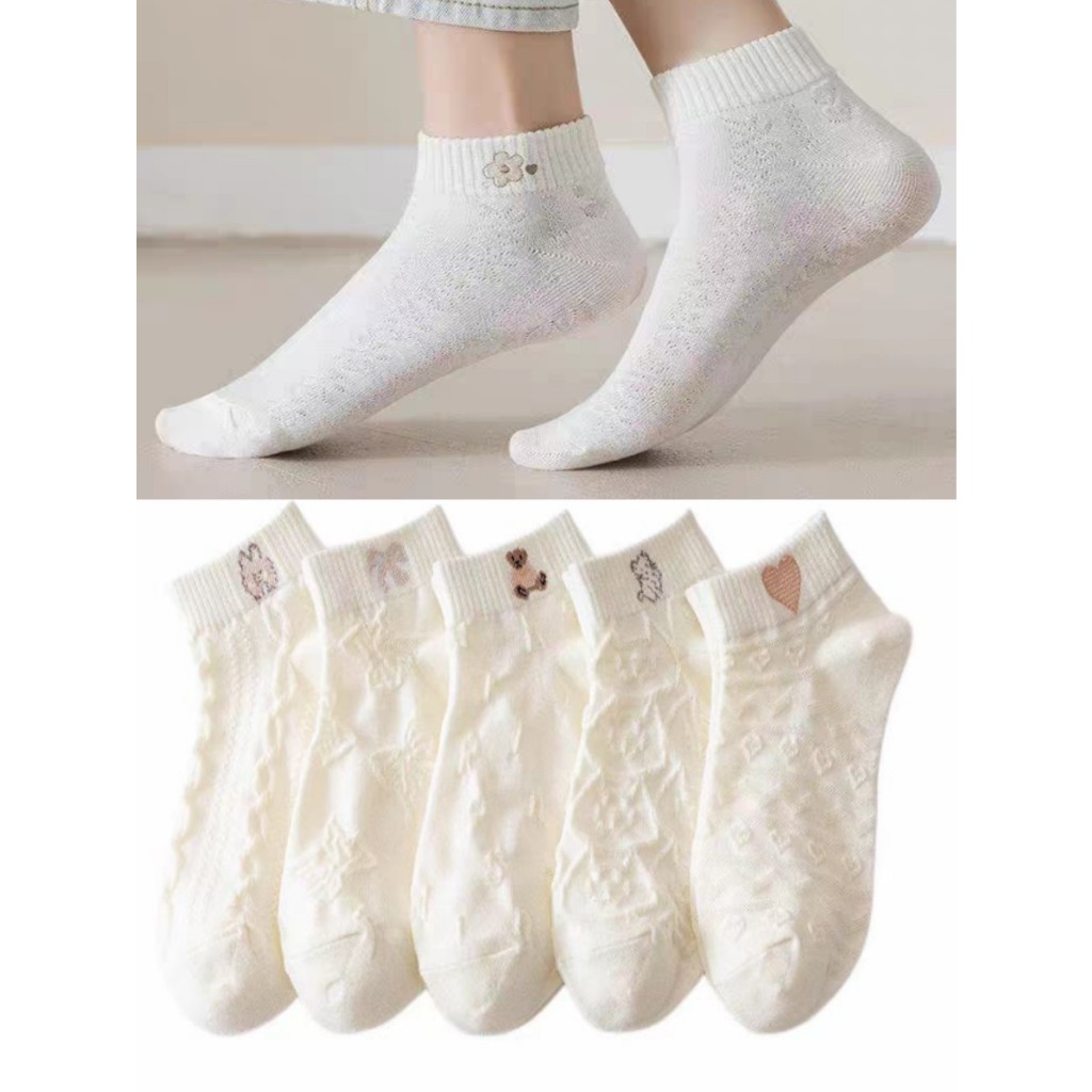 Kit 12 pares de meias respiráveis florais brancas