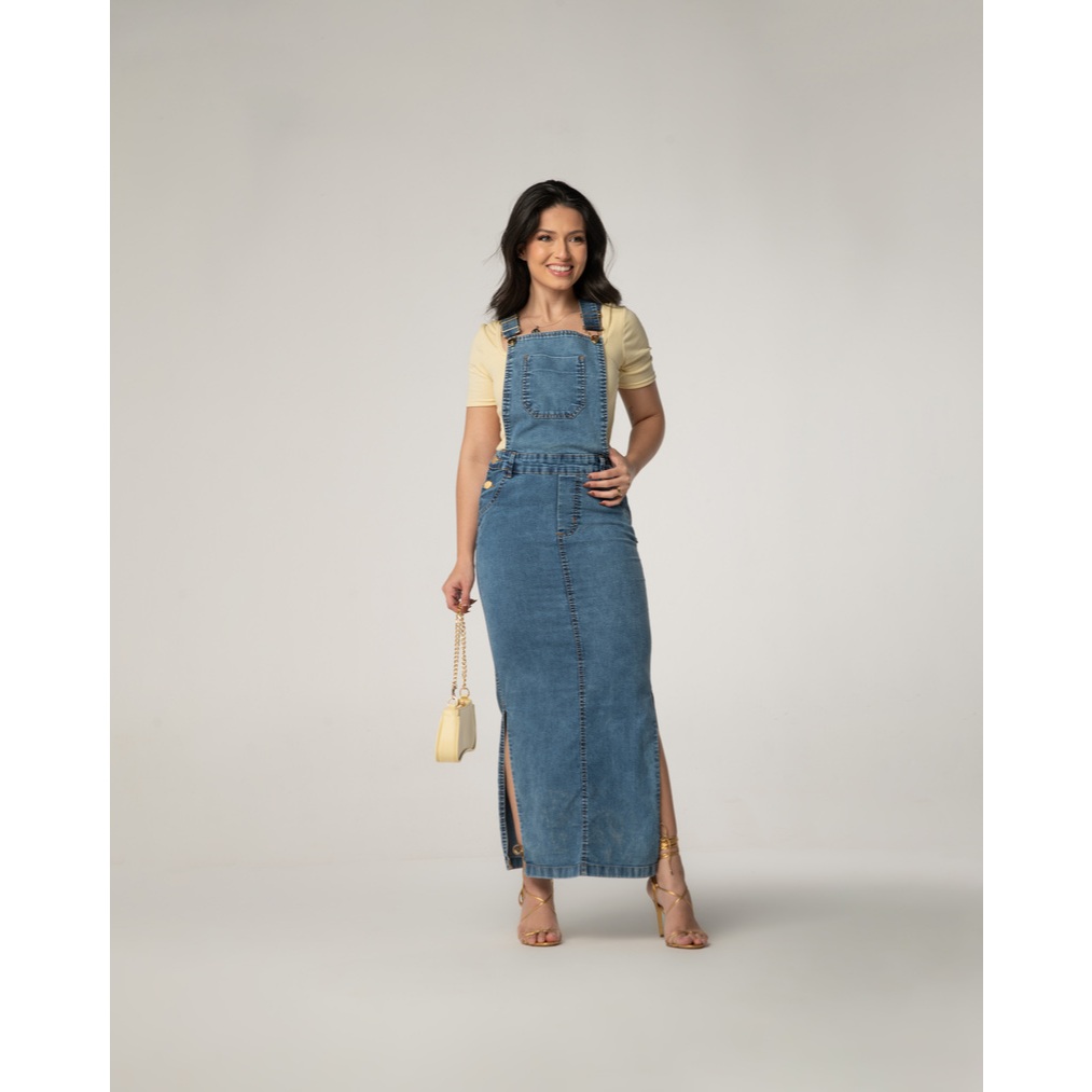 Jardineira Jeans Marmorizada Moda Evangélica 7PAL