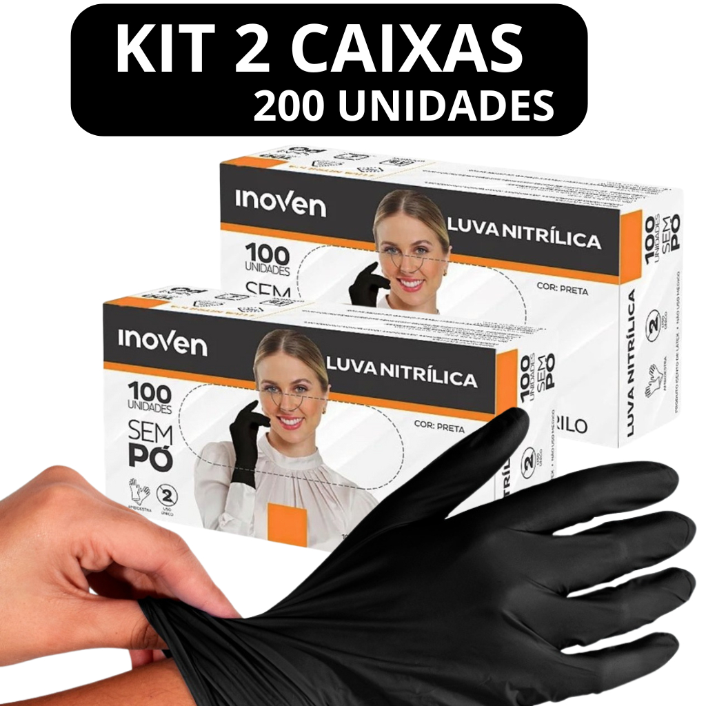 Kit 2 Luva Nitrilica Preta Descartável Sem Pó 20