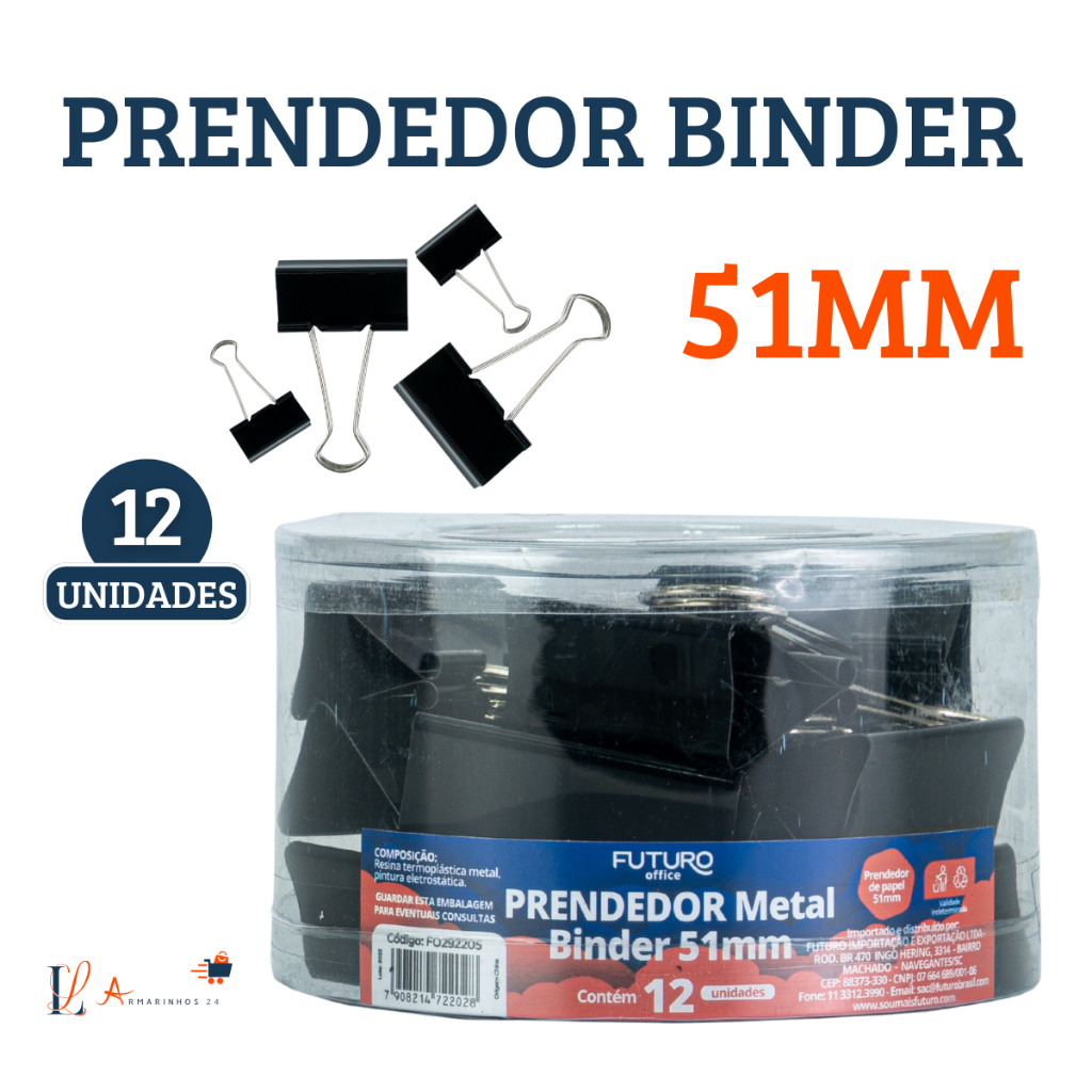 Kit 12 Clip Binder Preto 51mm  Clipe de Papel Met�