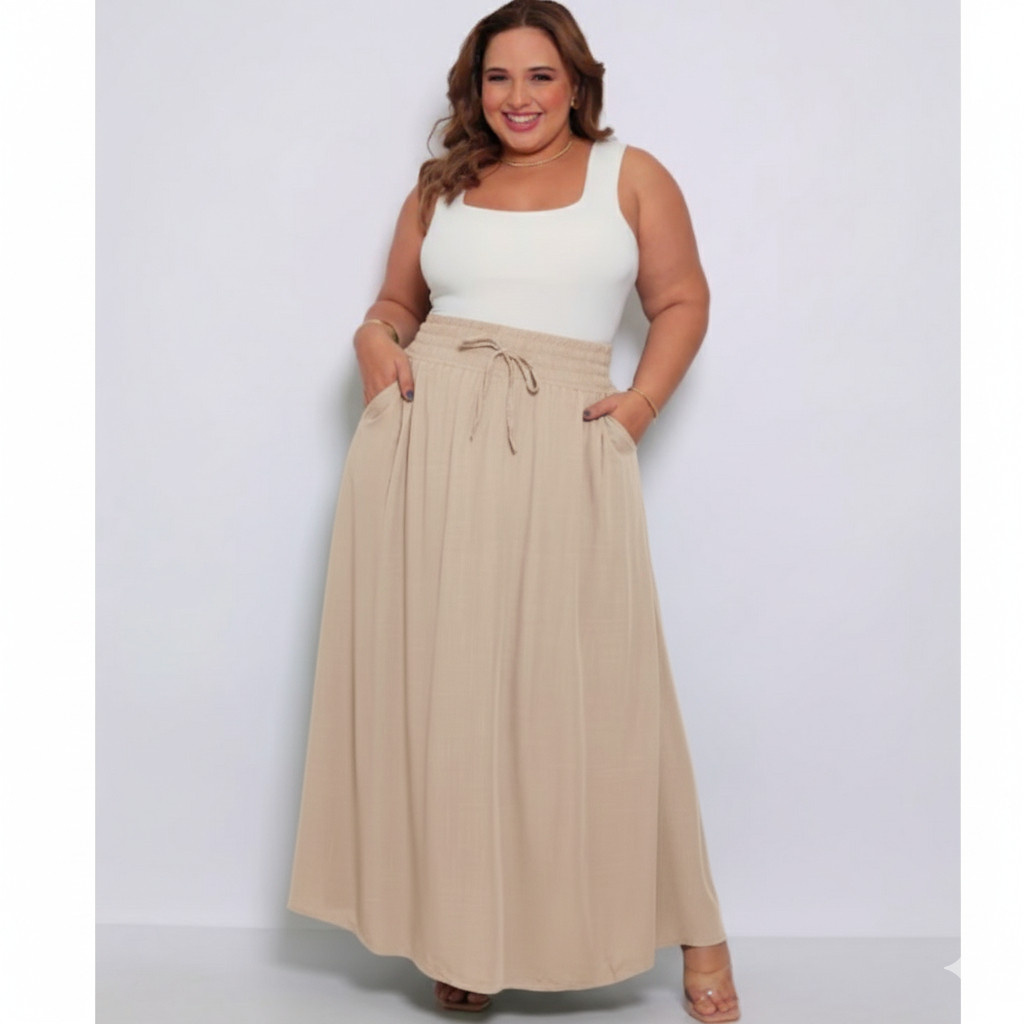 Saia Longa Plus Size Viscolinho Cintura Alta com B