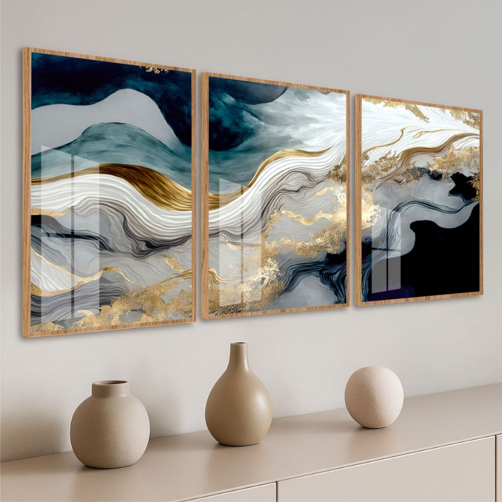 Quadro Moldura e Vidro Kit Três Peças Abstrato T