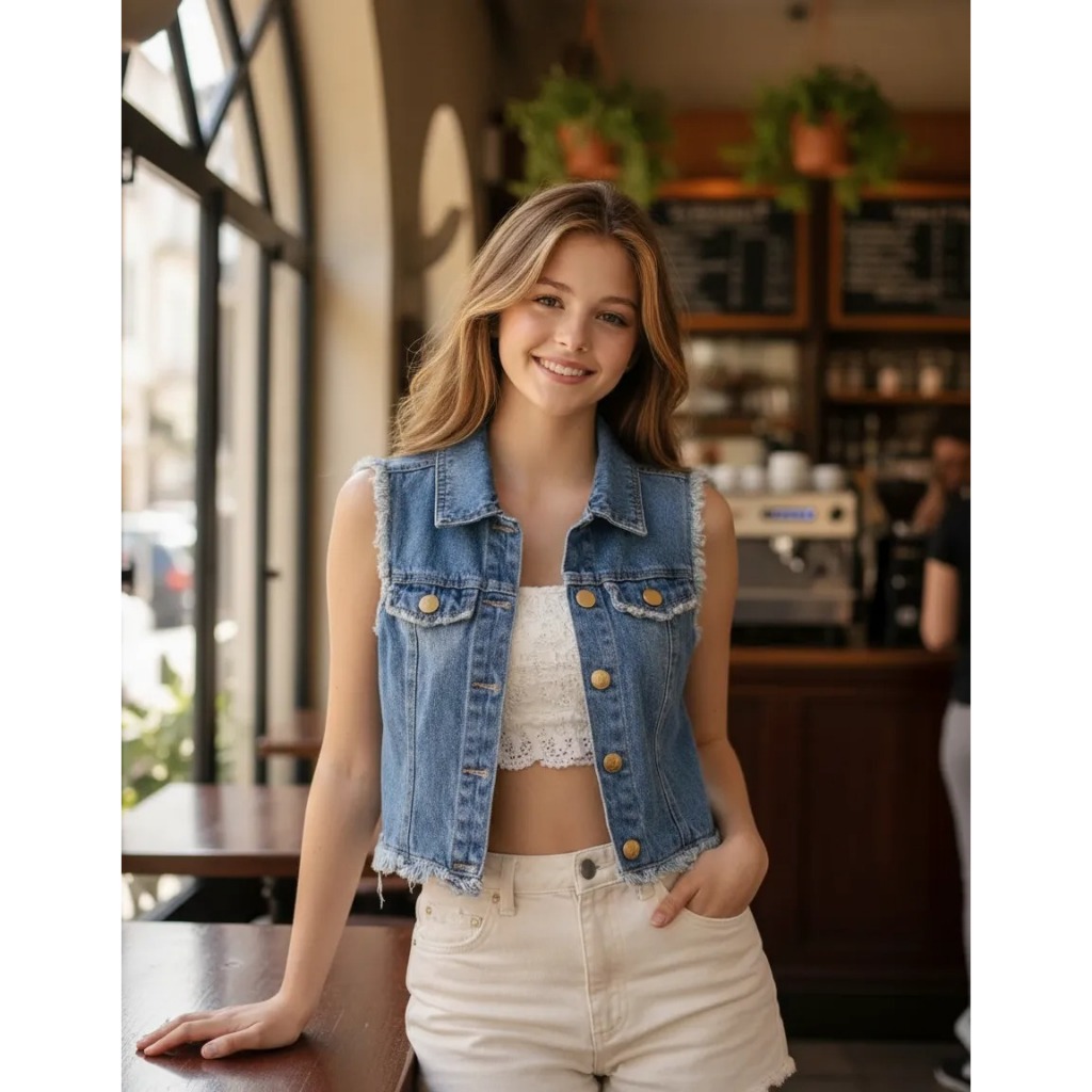 Jaqueta Colete Jeans Menina Curta Cropped Desfiada