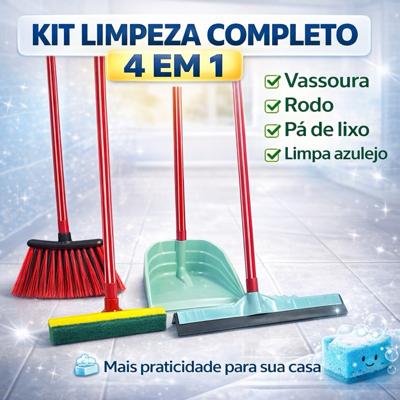 Kit Limpeza 4 Peças com Cabo Vassoura Rodo grande