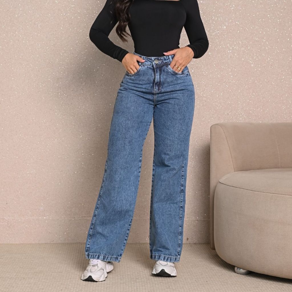 Calça Jeans Feminina Wide Leg Marmorizada Cintura