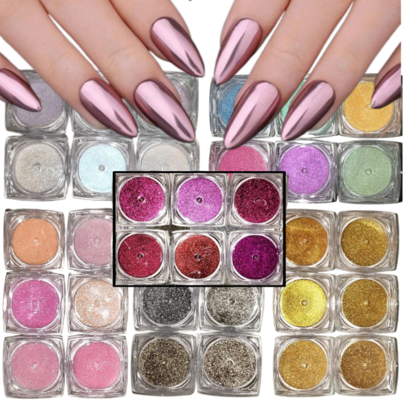 Kit Com 6 Potes Pó Cromado Espelhado Para Unhas N