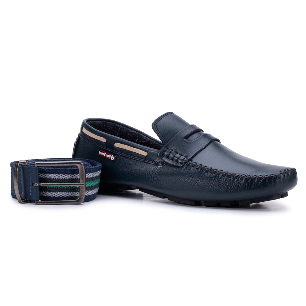 KIT Mocassim Masculino Couro Bovino Legítimo AZUL