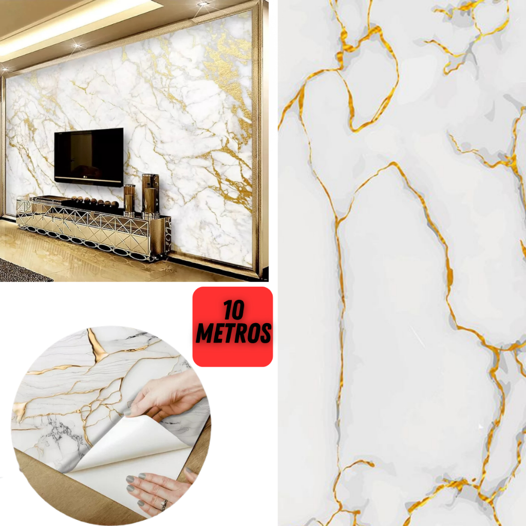 Papel de Parede Adesivo Marmore Dourado 10 Metros 