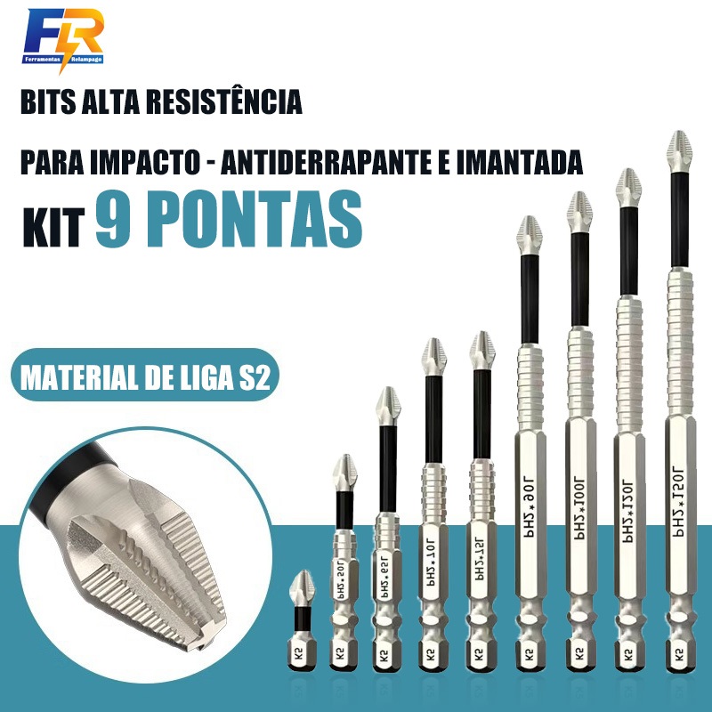 Kit 9 Pontas Philips PH2 para Impacto, Imantadas e